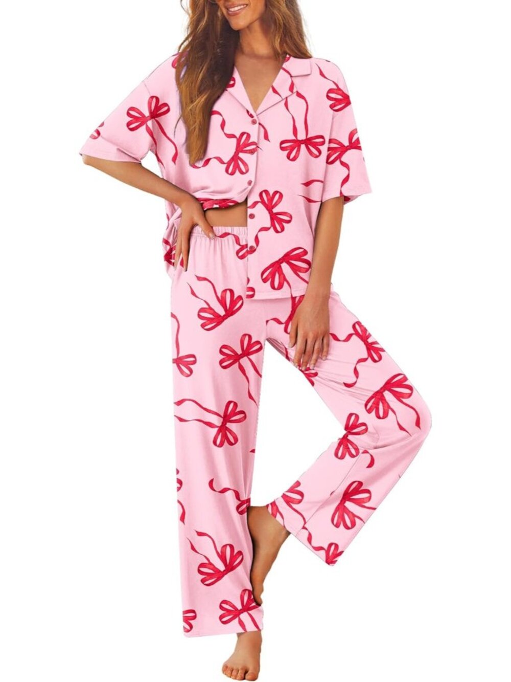 Women Pink Bow Notch Lapel Short Sleeve Shirt Sleepwear with Long Pajamas Set